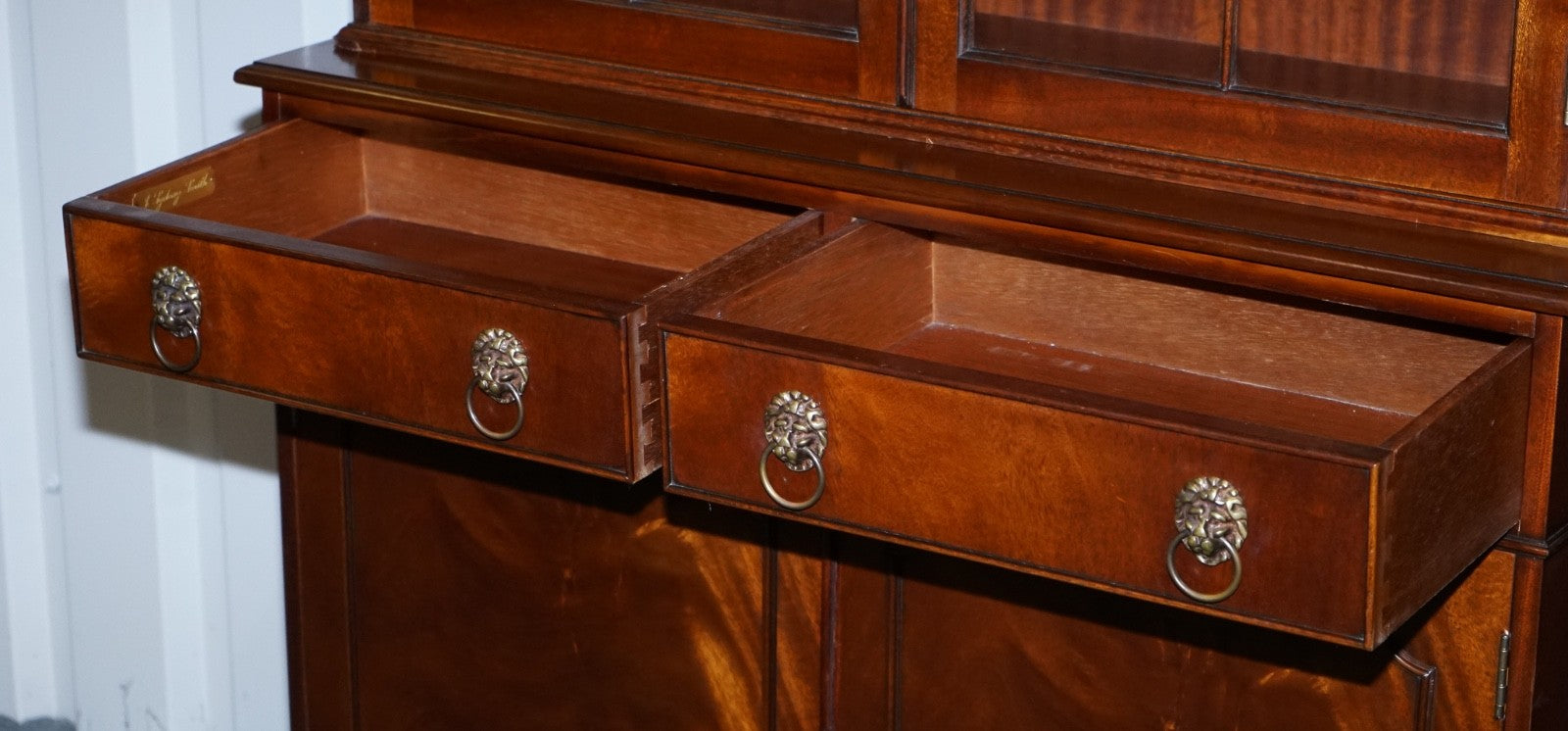 PAIR GEORGIAN STYLE DISPLAY CABINETS BOOKCASES WITH BRASS LION HANDLES