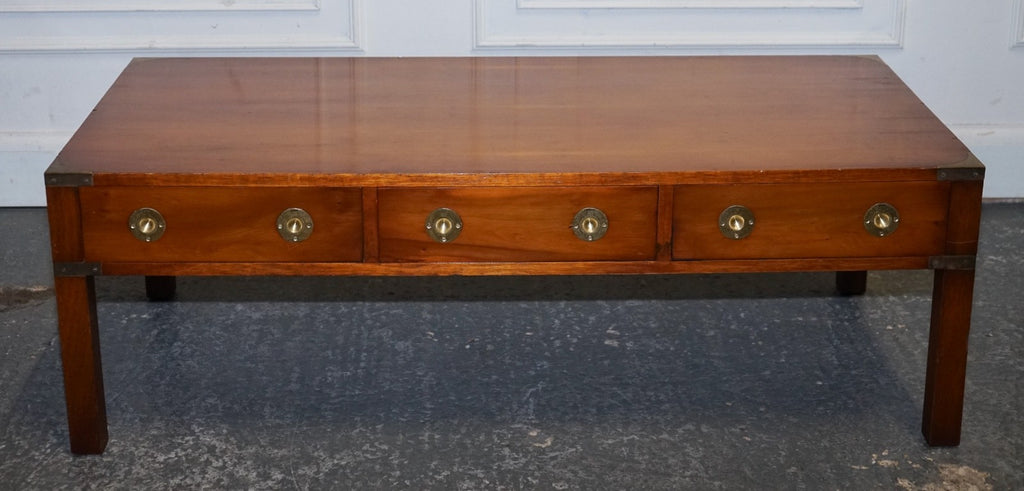 VINTAGE BURR YEW WOOD BRASS MILITARY CAMPAIGN 3 DRAWER COFFEE TABLE