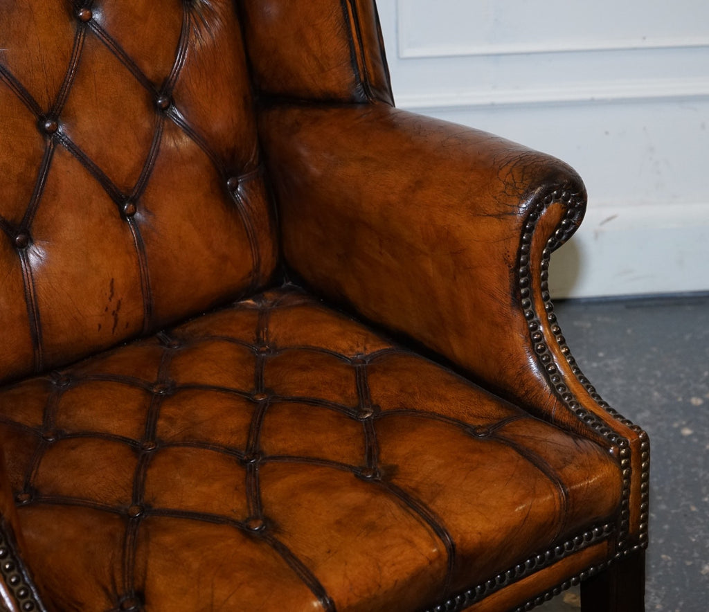 STUNNING 1960'S HAND DYED BROWN LEATHER CHESTERFIELD WINGBACK ARMCHAIRS