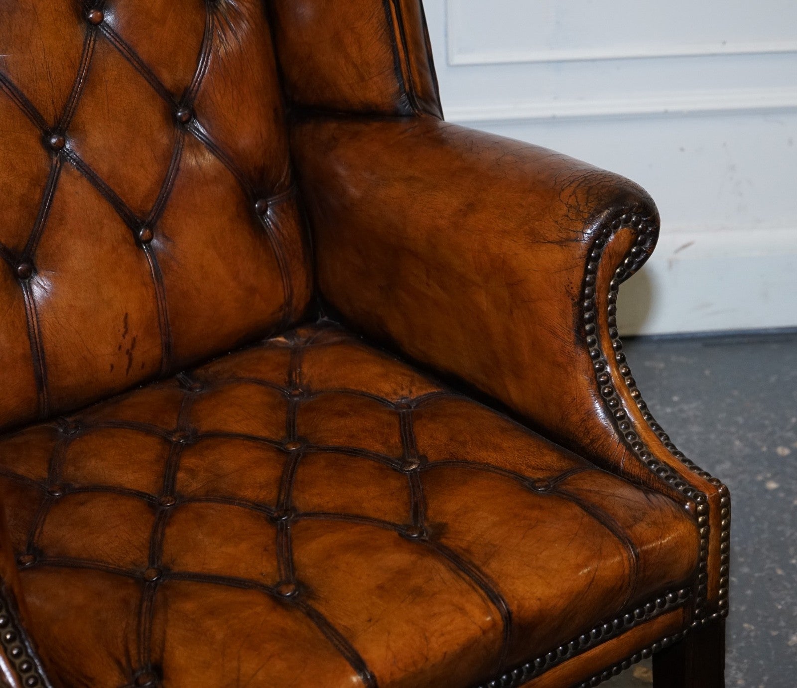 STUNNING 1960'S HAND DYED BROWN LEATHER CHESTERFIELD WINGBACK ARMCHAIRS