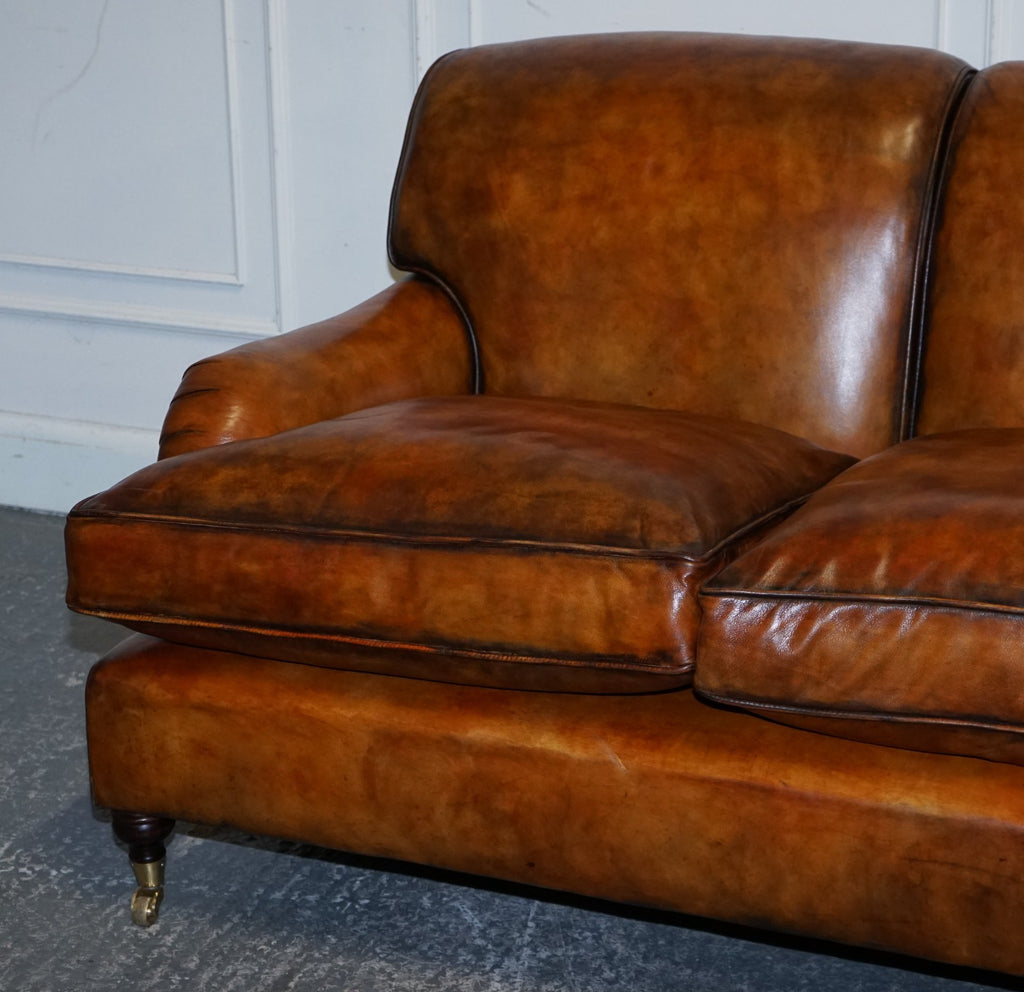 RESTORED HAND DYED LEATHER THREE SEATER SOFA HOWARD & SONS STYLE FEATHER FILLED