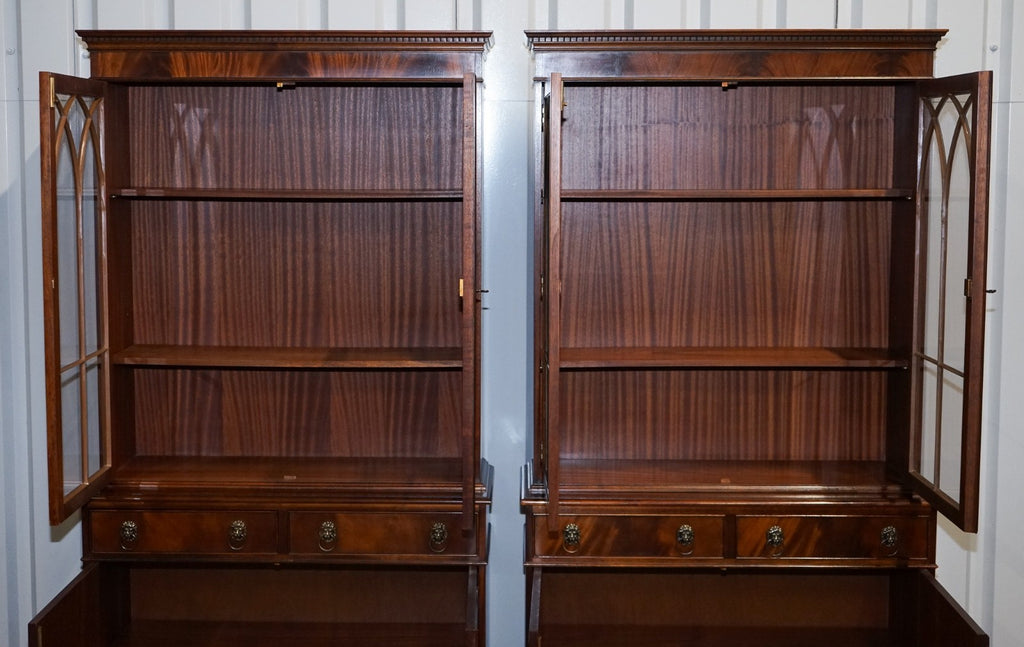 PAIR GEORGIAN STYLE DISPLAY CABINETS BOOKCASES WITH BRASS LION HANDLES