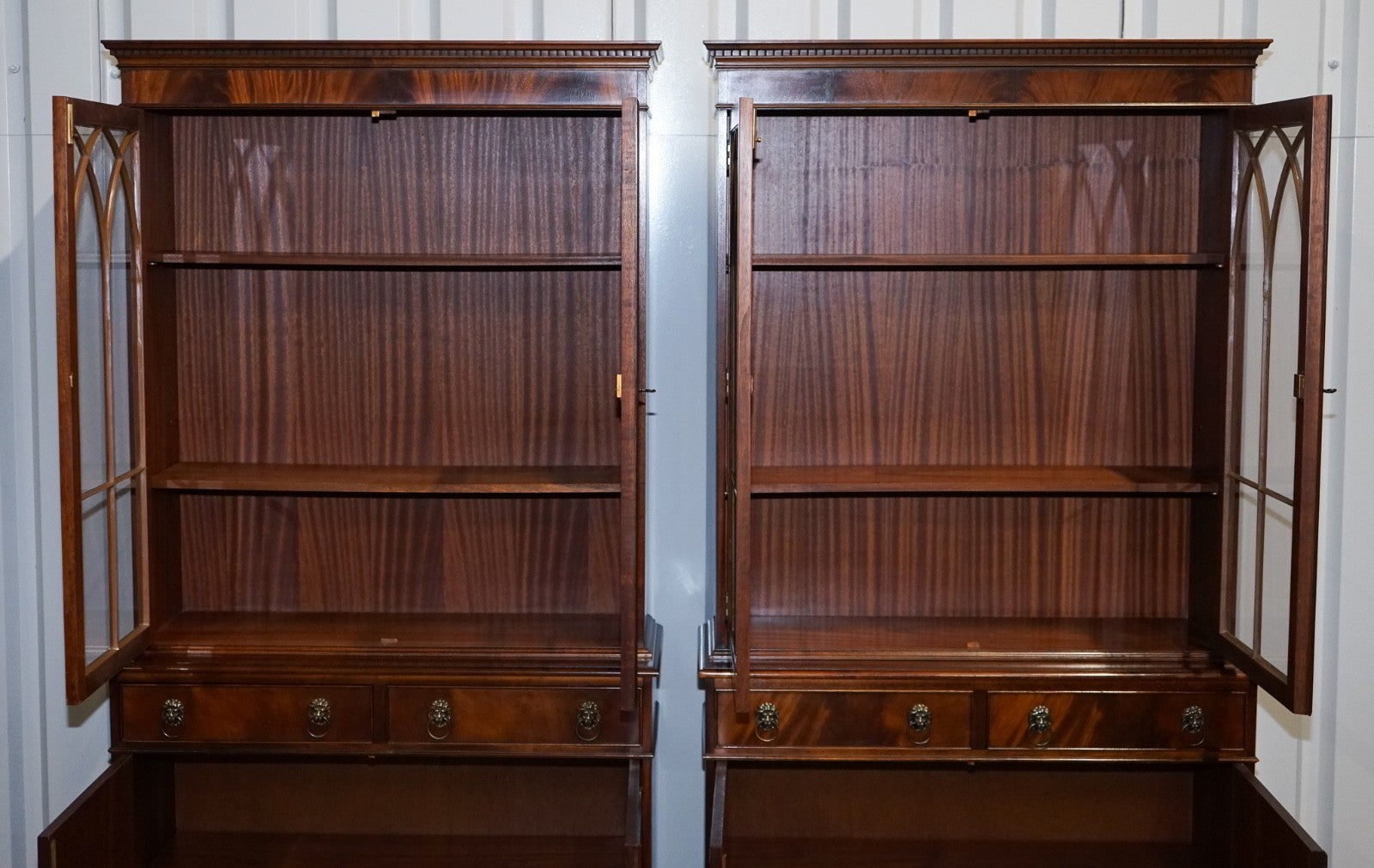 PAIR GEORGIAN STYLE DISPLAY CABINETS BOOKCASES WITH BRASS LION HANDLES