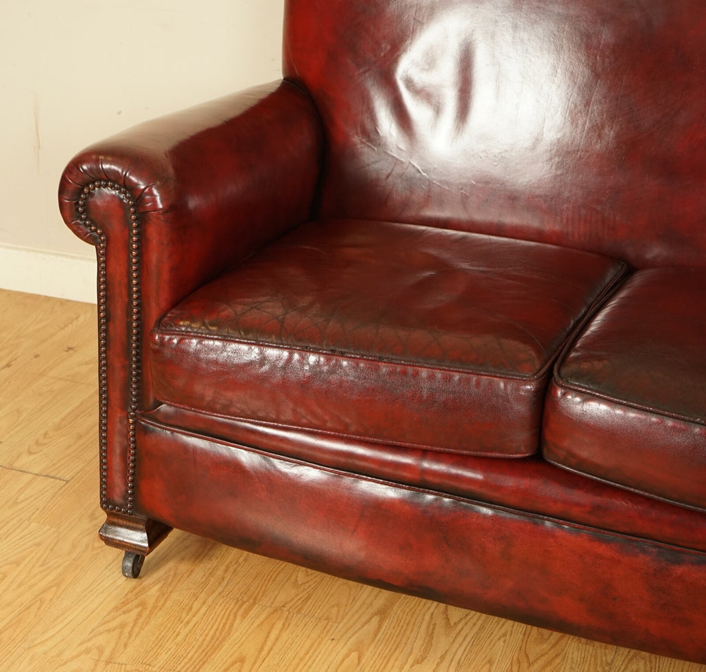 STUNNING VICTORIAN BURGUNDY GENTLEMAN'S CLUB HAND DYED LEATHER SOFA