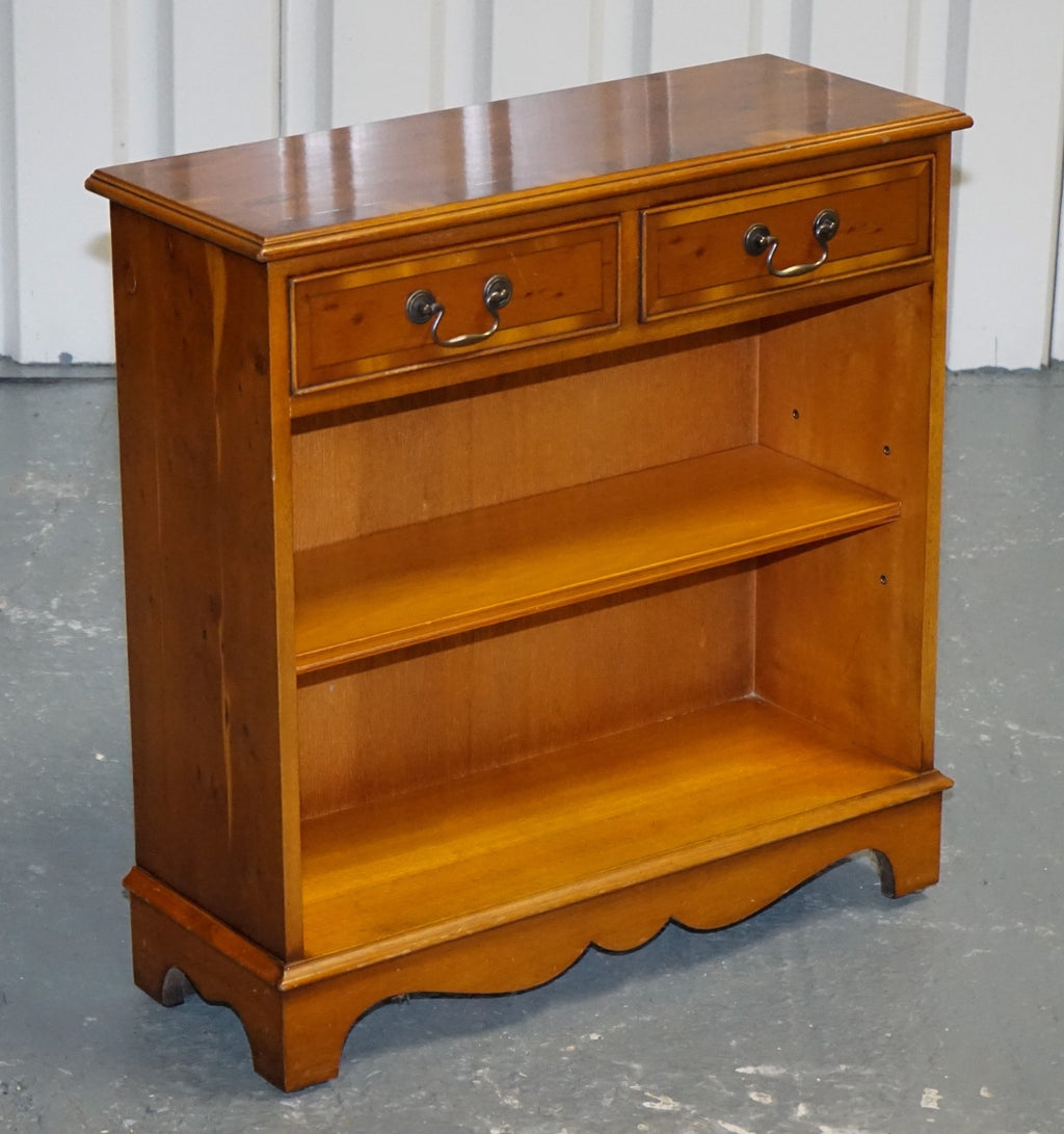 VINTAGE BURR YEW WOOD OPEN DWARF LIBRARY BOOKCASE WiTH TWO DRAWERS & SHELF