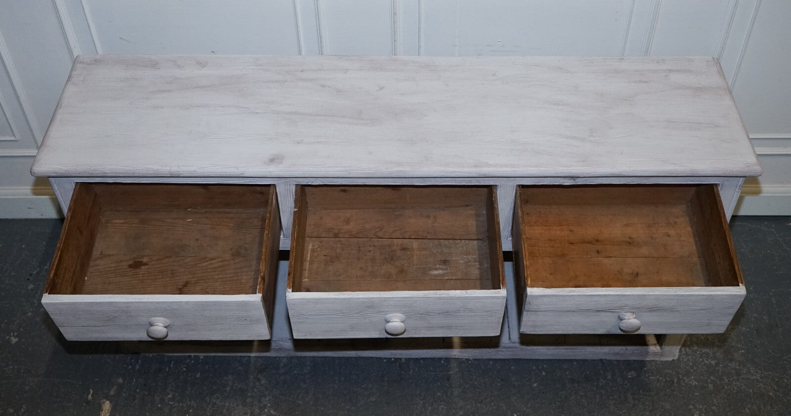 ANTIQUE HAND PAINTED ENGLISH PINE FARMHOUSE SIDEBOARD WITH THREE DRAWERS