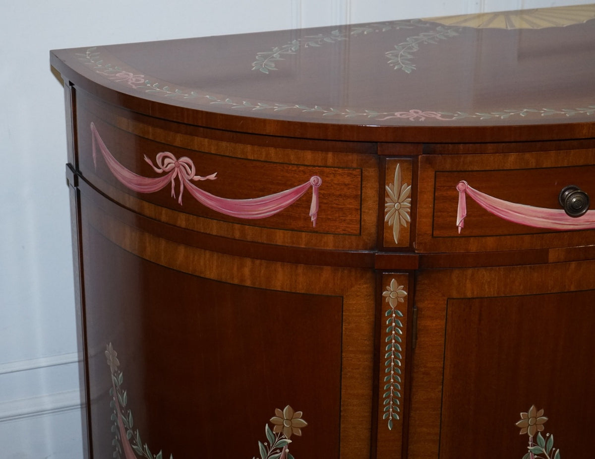 FINE SUBSTANTIAL PAIR OF HAND PAINTED DEMI LUNE SHERATON STYLE CONSOLE CABINETS