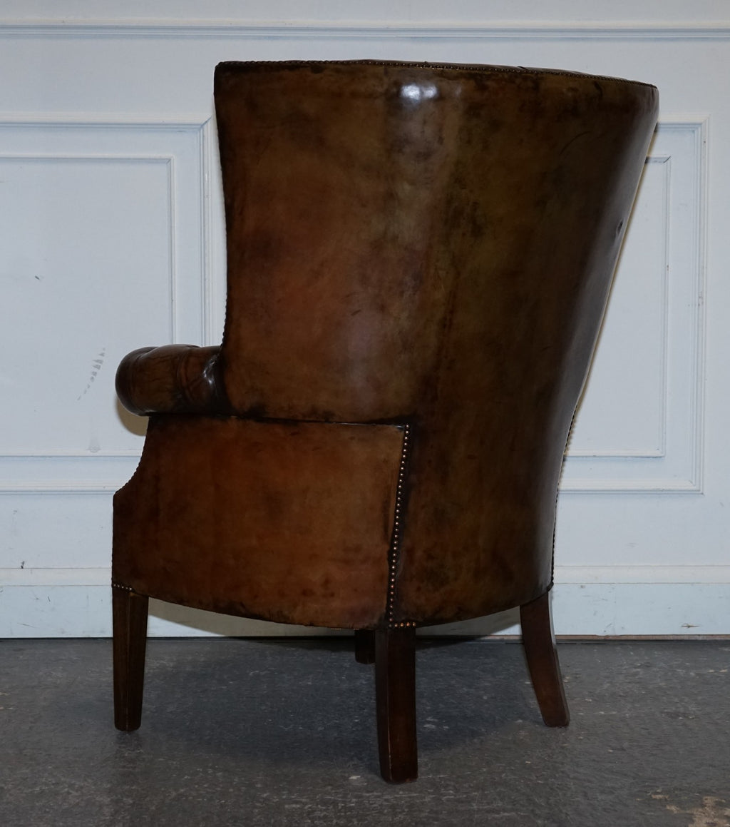 RESTORED CHESTERFIELD HAND DYED LEATHER PORTERS WINGBACK ARMCHAIR