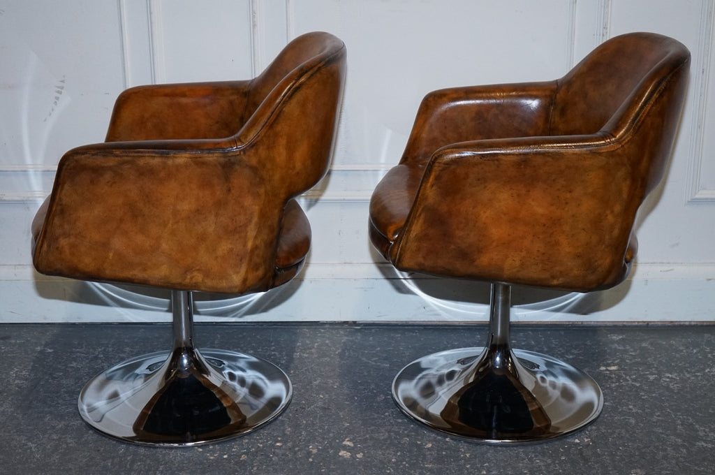 SET OF FOUR RESTORED HAND DYED LEATHER LARGO JOHANSON DESIGN SWIVEL ARMCHAIRS