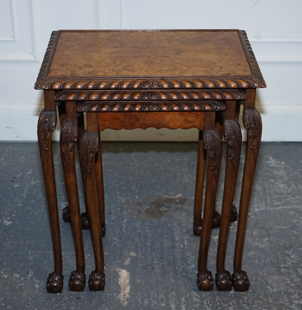 STUNNING BURR WALNUT NEST OF  THREE TABLES CARVED CLAW & BALL FEET