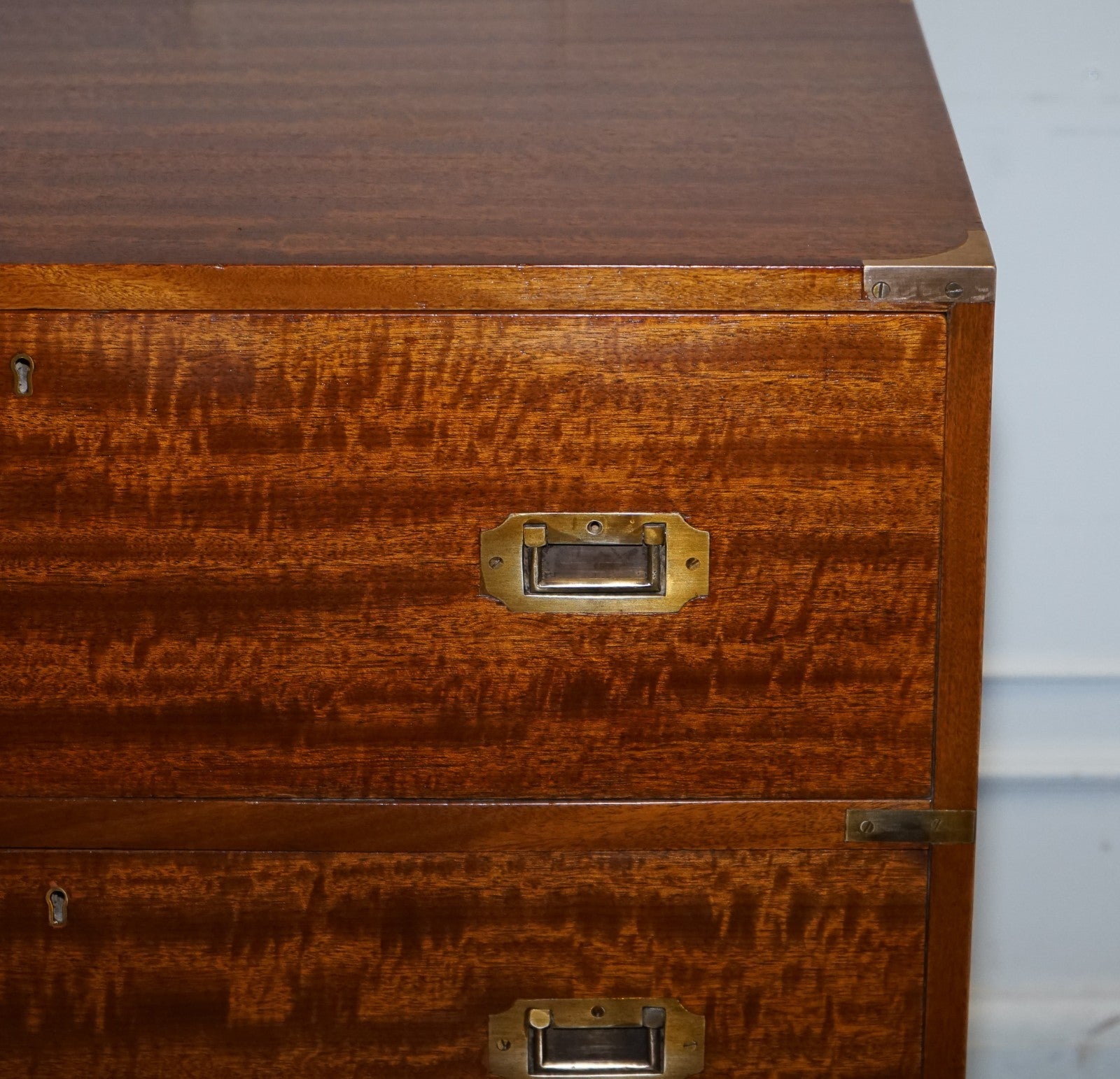 VINTAGE MILITARY CAMPAIGN SECRETAIRE CHEST OF DRAWERS WITH AGED RED LEATHER