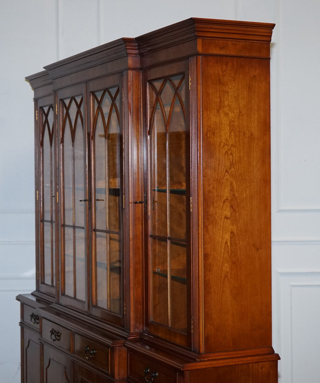 STUNNING GEORGIAN STYLE  BURR YEW BREAKFRONT FOUR DOOR DISPLAY CABINET BOOKCASE
