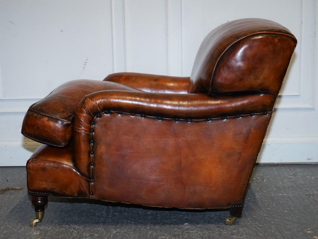 LARGE PAIR OF HOWARD STYLE HAND DYED LEATHER ARMCHAIRS FEATHER FILLED CUSHIONS