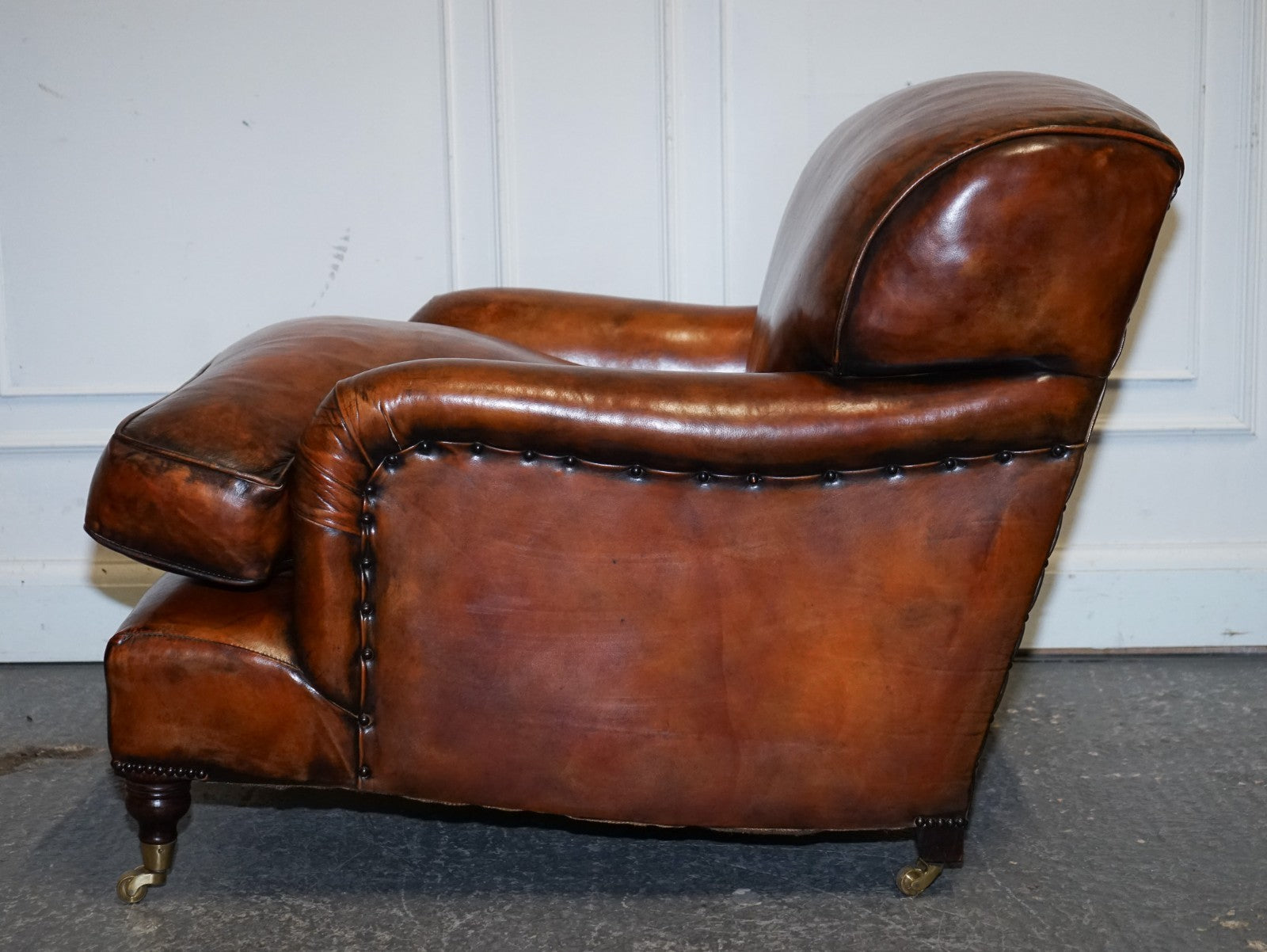 LARGE PAIR OF HOWARD STYLE HAND DYED LEATHER ARMCHAIRS FEATHER FILLED CUSHIONS