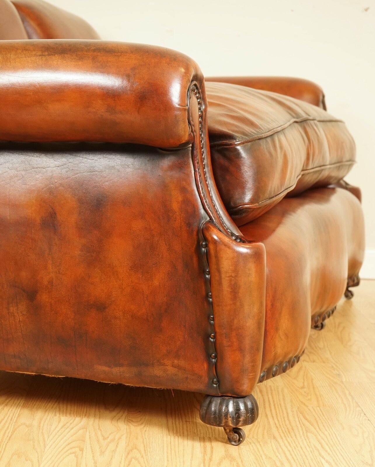 FULLY RESTORED HAND DYED WHISKY BROWN EDWARDIAN SOFA WITH FEATHER FILLED CUSHION