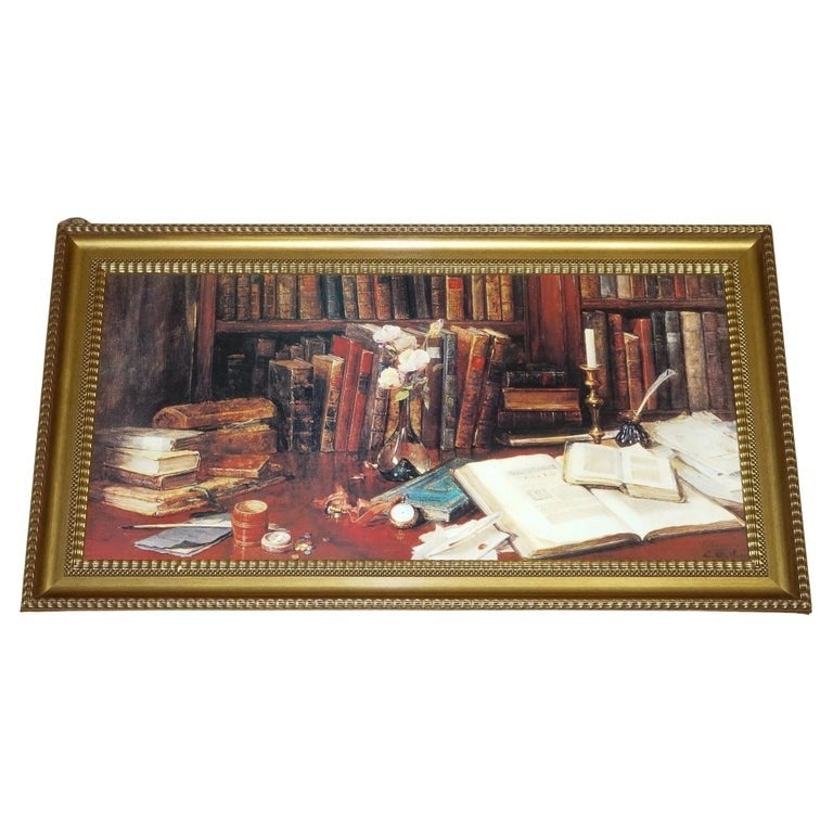 VINTAGE SOPHISTICATED LIBRARY SETTING PRINT IN GILTED FRAME  64 X 114 CM