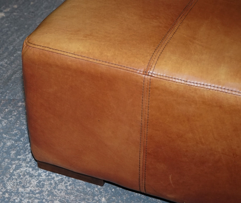 VINTAGE LARGE TAN LEATHER FOOTSTOOL OTTOMAN MADE BY HALO