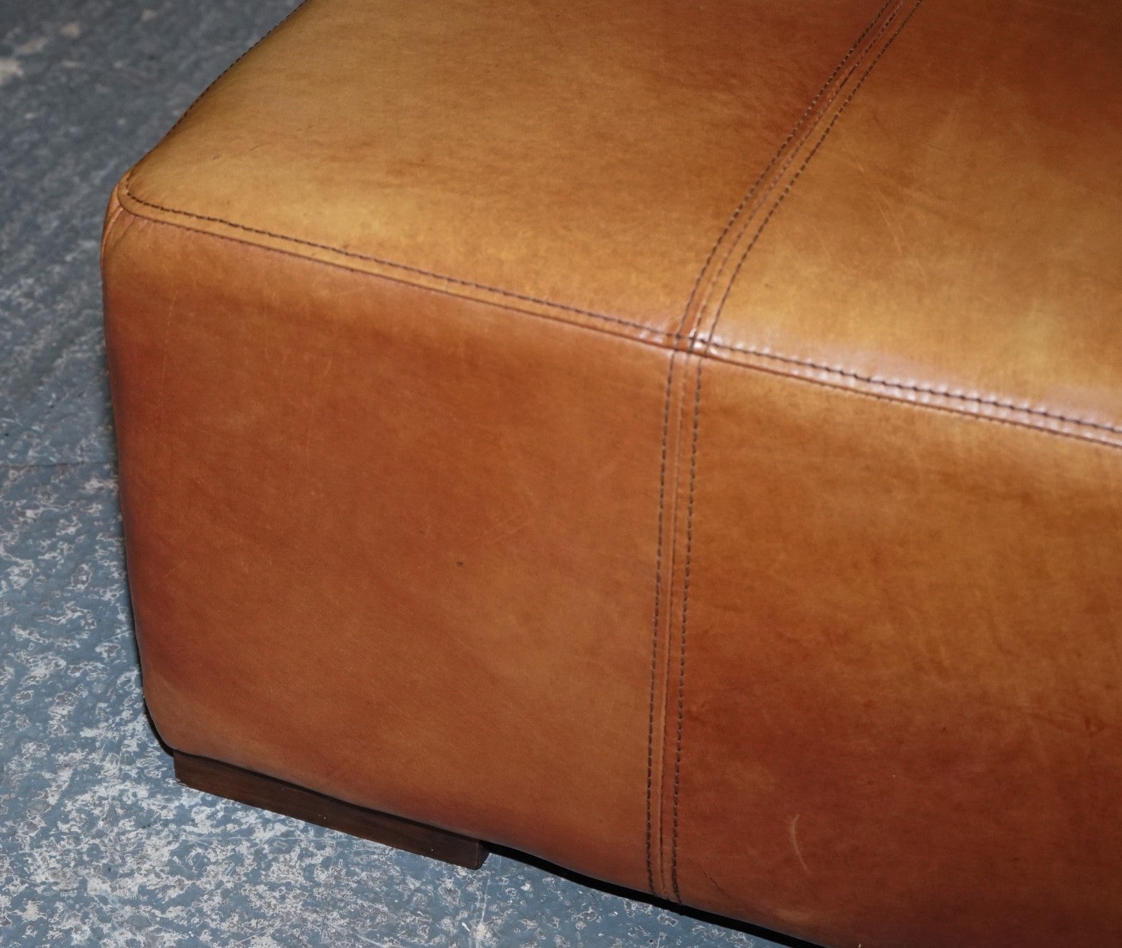 VINTAGE LARGE TAN LEATHER FOOTSTOOL OTTOMAN MADE BY HALO