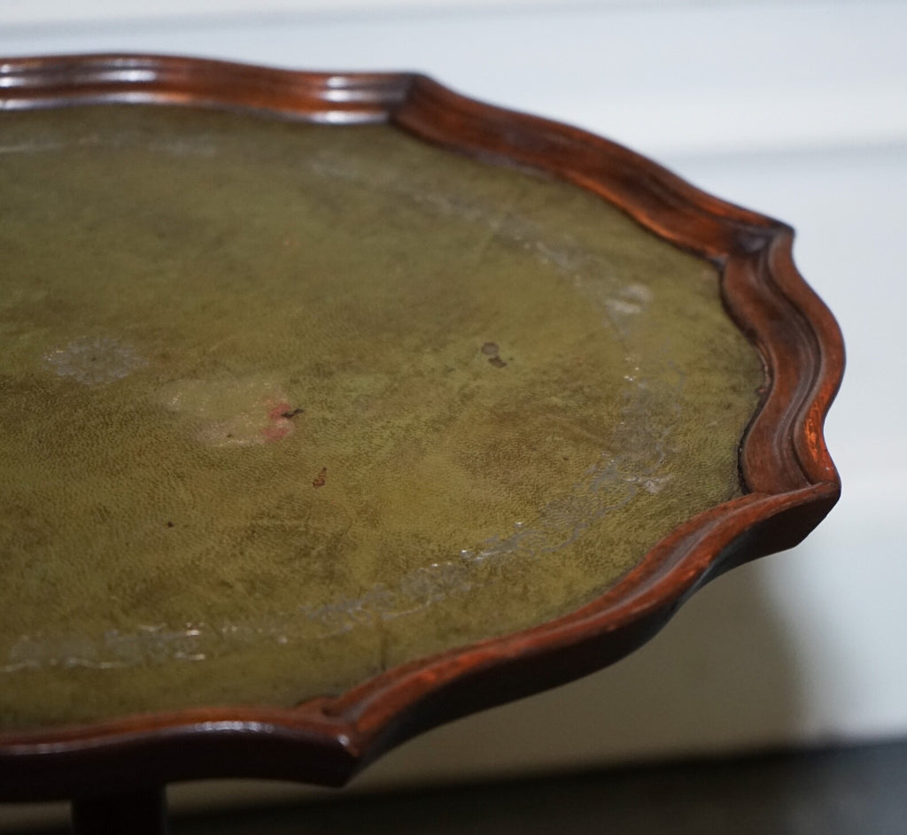LOVELY VINTAGE GREEN LEATHER TOP PLANT WINE SIDE STAND ON TRIPOD FEET