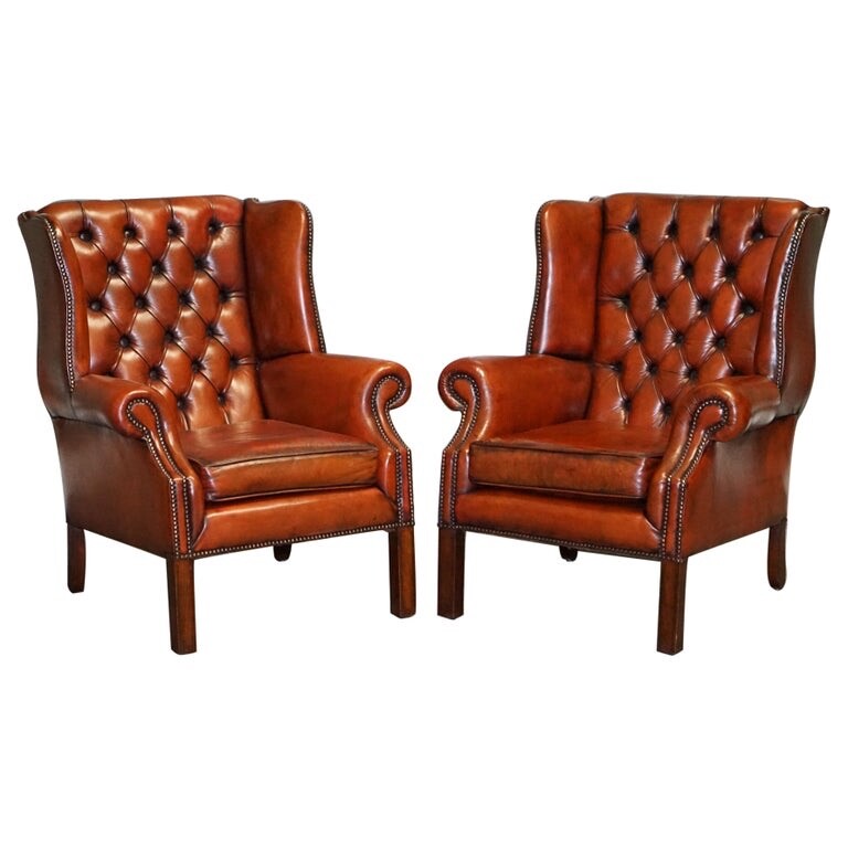 STUNNING PAIR OF BURGUNDY BROWN LEATHER HAND DYED WINGBACK CHAIRS