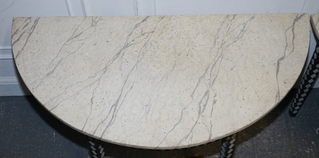 ENGLISH GEORGIAN HAND PAINTED PAIR OF DEMI LUNE SIDE CONSOLE TABLE MARBLE EFFECT