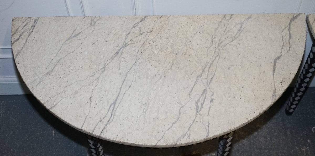 ENGLISH GEORGIAN HAND PAINTED PAIR OF DEMI LUNE SIDE CONSOLE TABLE MARBLE EFFECT