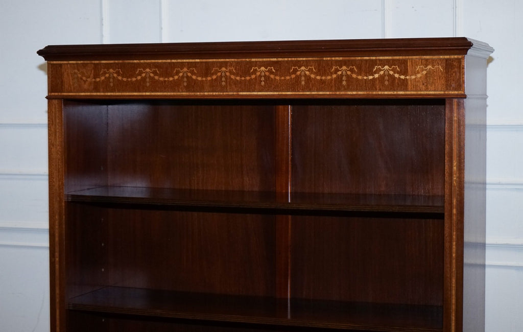 LARGE VINTAGE EDWARDIAN STYLE INLAID SHERATON OPEN BOOKCASE ADJUSTABLE SHELVES