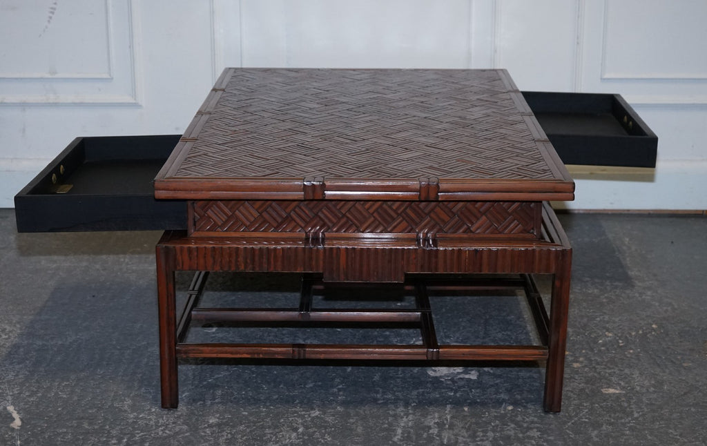 CIRCA 1950'S  MAITLAND & CLASCOE WAVEN FAUX BAMBOO PAGODA COFFEE TABLE DRAWERS