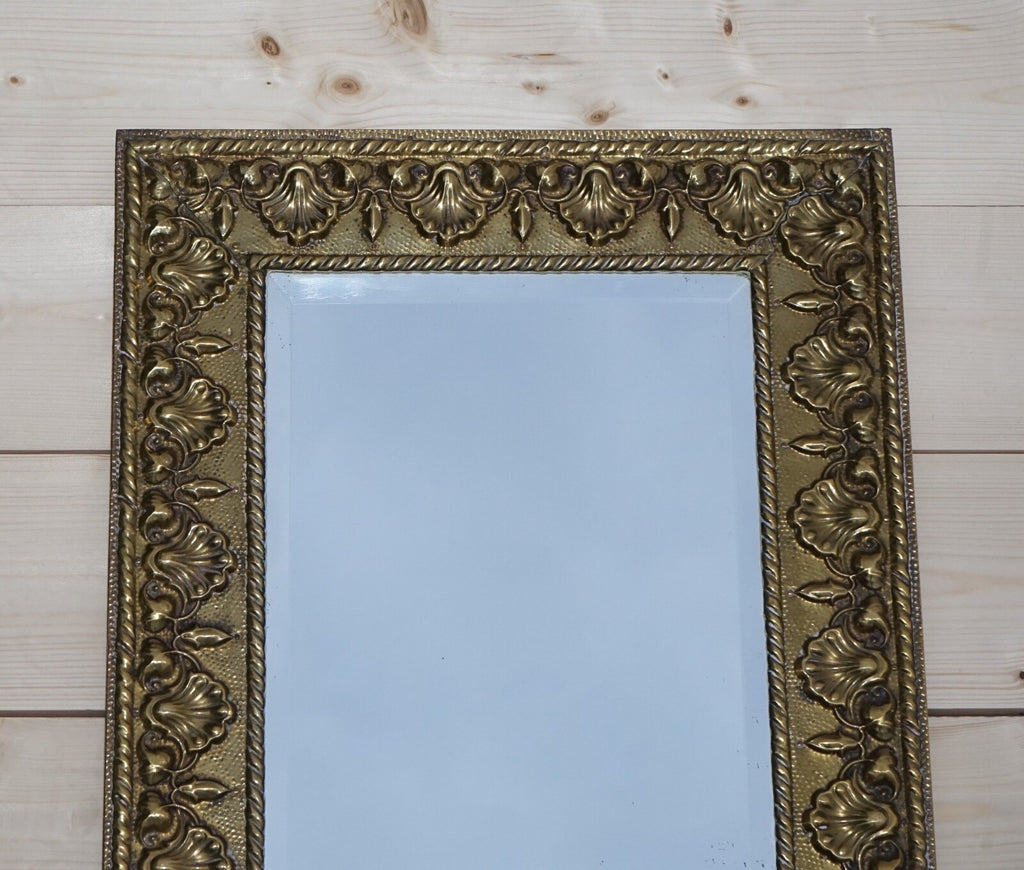 ANTIQUE NEOCLASSICAL STYLE BRASS SHELLS & BLEEDING HEARTS BEVELLED MiRROR