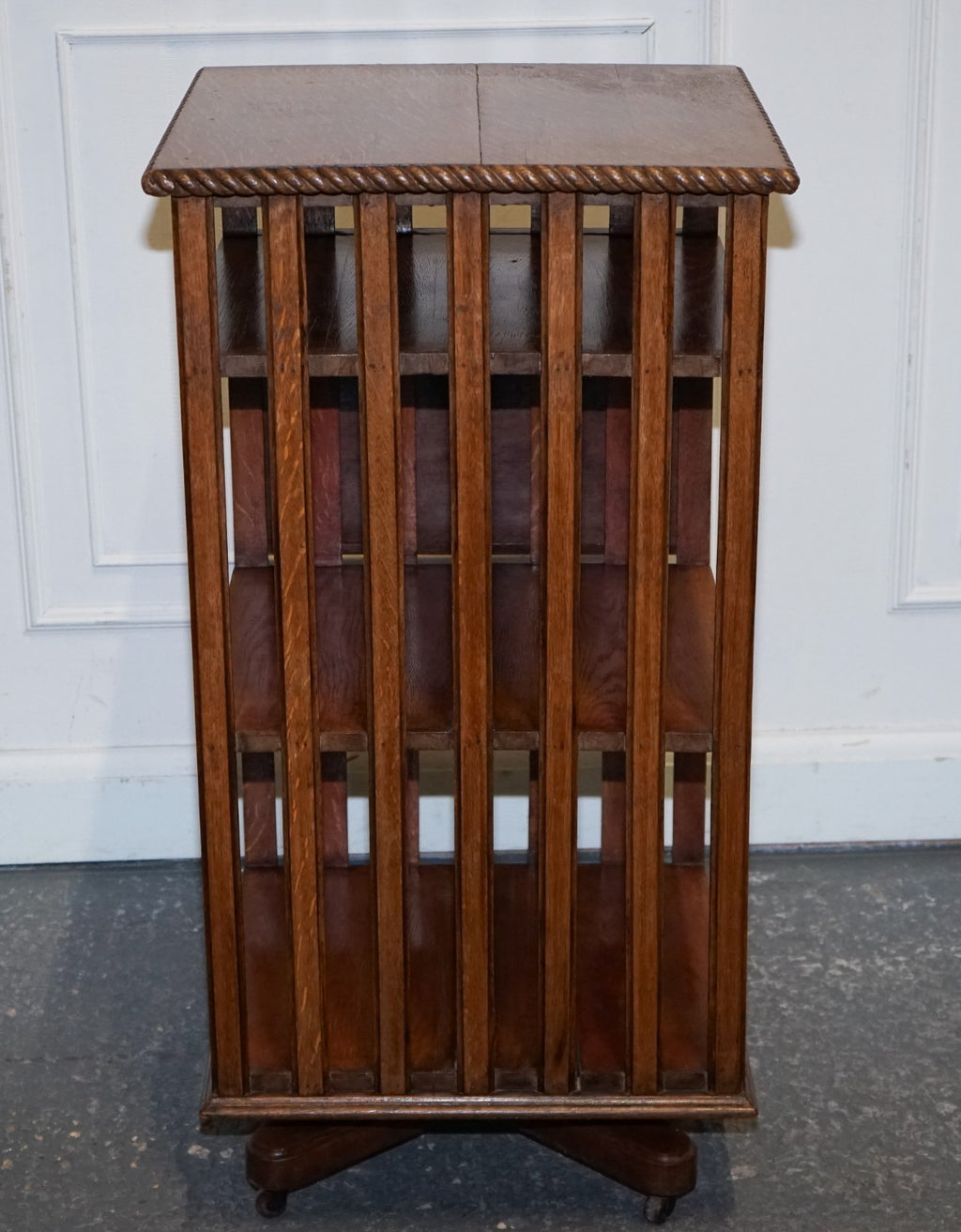 ANTIQUE SUBSTANTIAL OAK REVOLVING BOOKCASE WITH FOLDING READING STAND