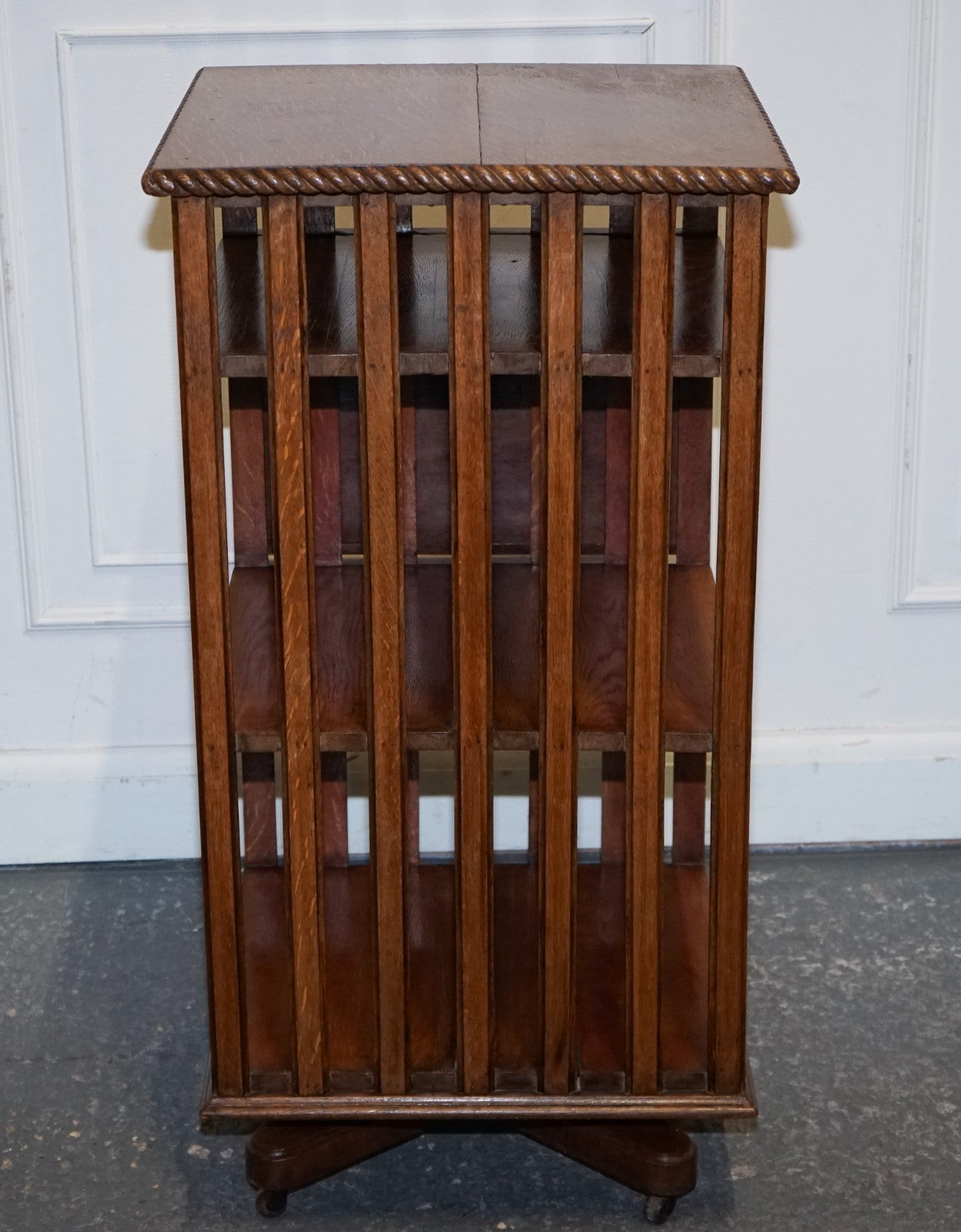 ANTIQUE SUBSTANTIAL OAK REVOLVING BOOKCASE WITH FOLDING READING STAND