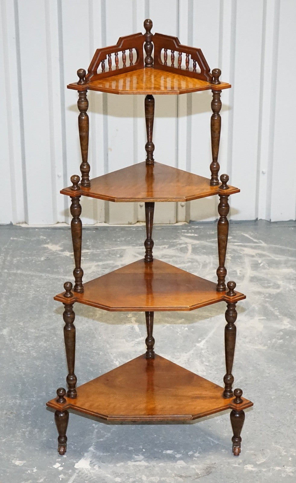 VICTORIAN ENGLISH INLAID BURR WALNUT CORNER WHATNOT STAND