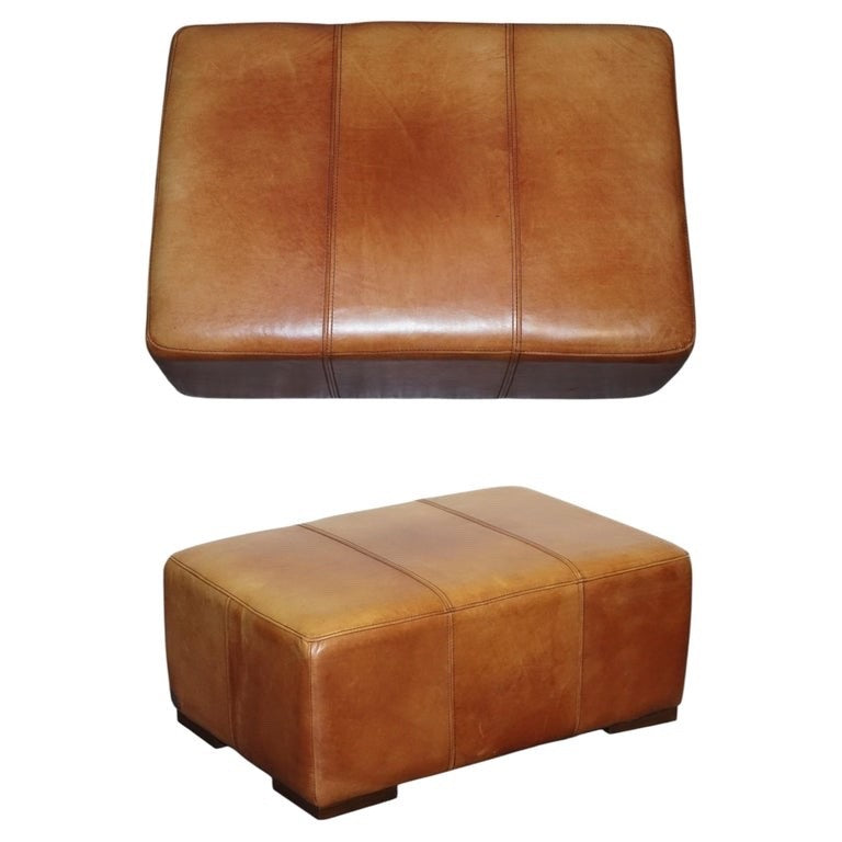 VINTAGE LARGE TAN LEATHER FOOTSTOOL OTTOMAN MADE BY HALO