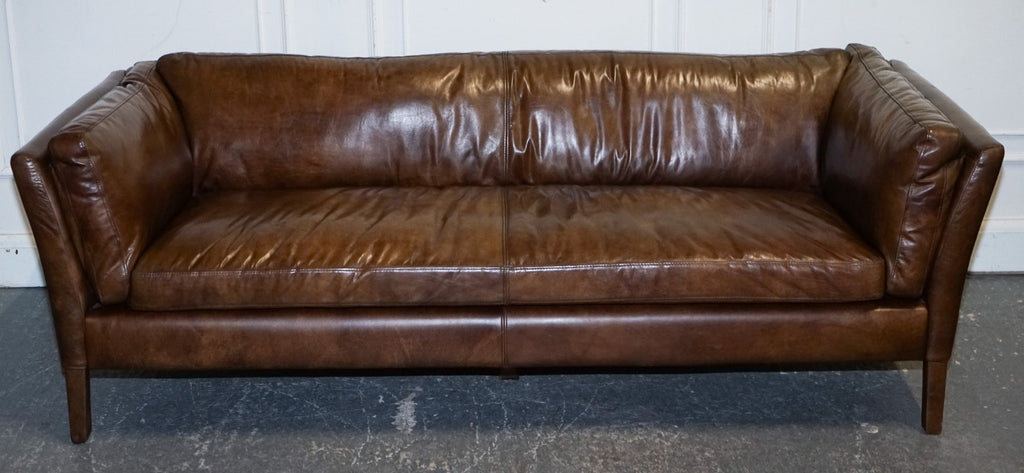 HALO GROUCHO BEAUTIFUL BROWN LEATHER THREE SEATER COMPACT SOFA