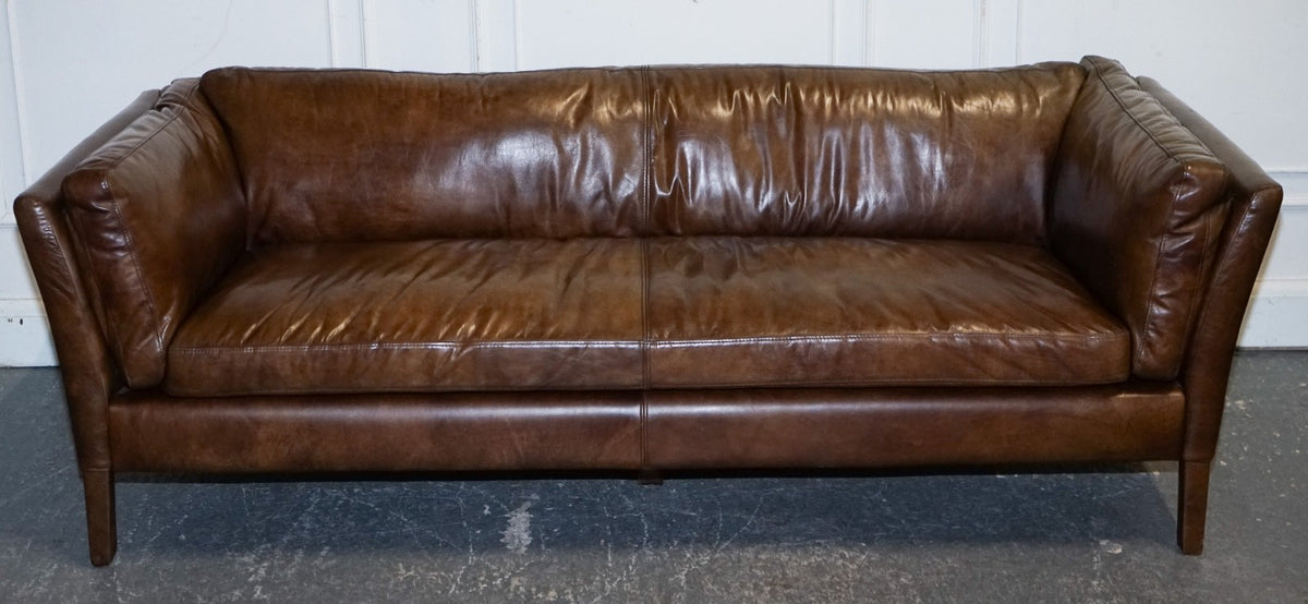 HALO GROUCHO BEAUTIFUL BROWN LEATHER THREE SEATER COMPACT SOFA