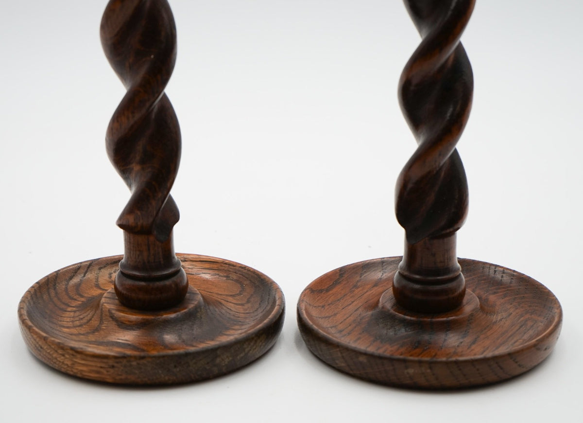 EARLY ViCTORIAN PAIR OF ENGLISH OAK BARLEY TWIST CANDLE STICKS (4)