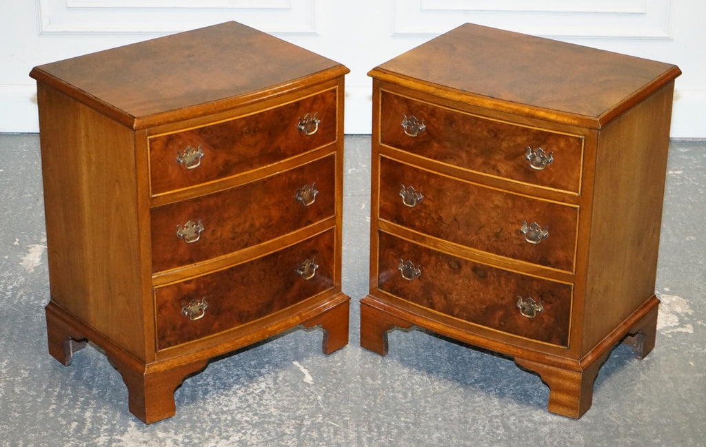 PAIR OF RESTORED BURR WALNUT BEDSIDE NIGHTSTAND CHEST OF DRAWERS