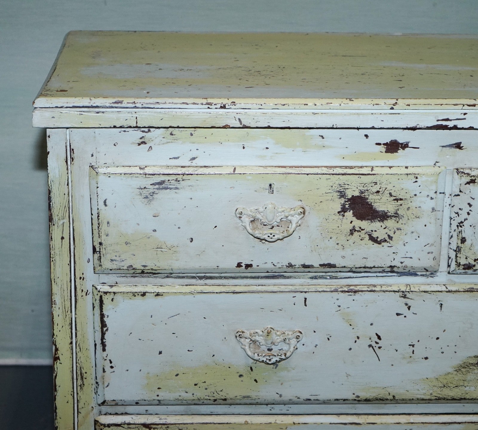 ANTIQUE HAND PAINTED PALE PINE GREEN THREE DRAWER CHEST OF DRAWERS