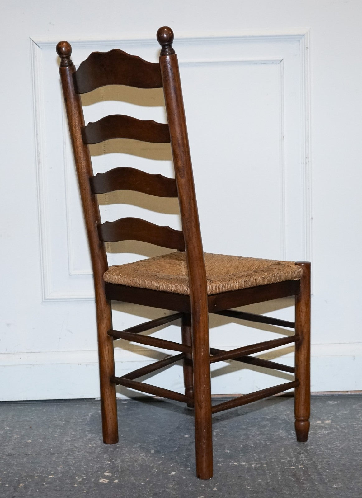 SET OF SIX ANTIQUE ENGLISH 19TH CENTURY LADDERBACK RUSH SEAT DINING CHAIRS
