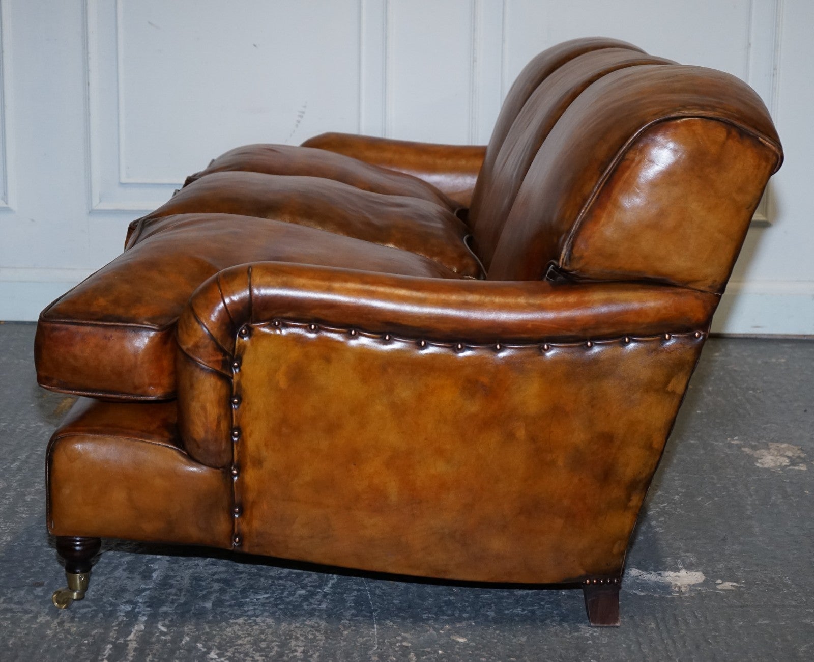 RESTORED HAND DYED LEATHER THREE SEATER SOFA HOWARD & SONS STYLE FEATHER FILLED