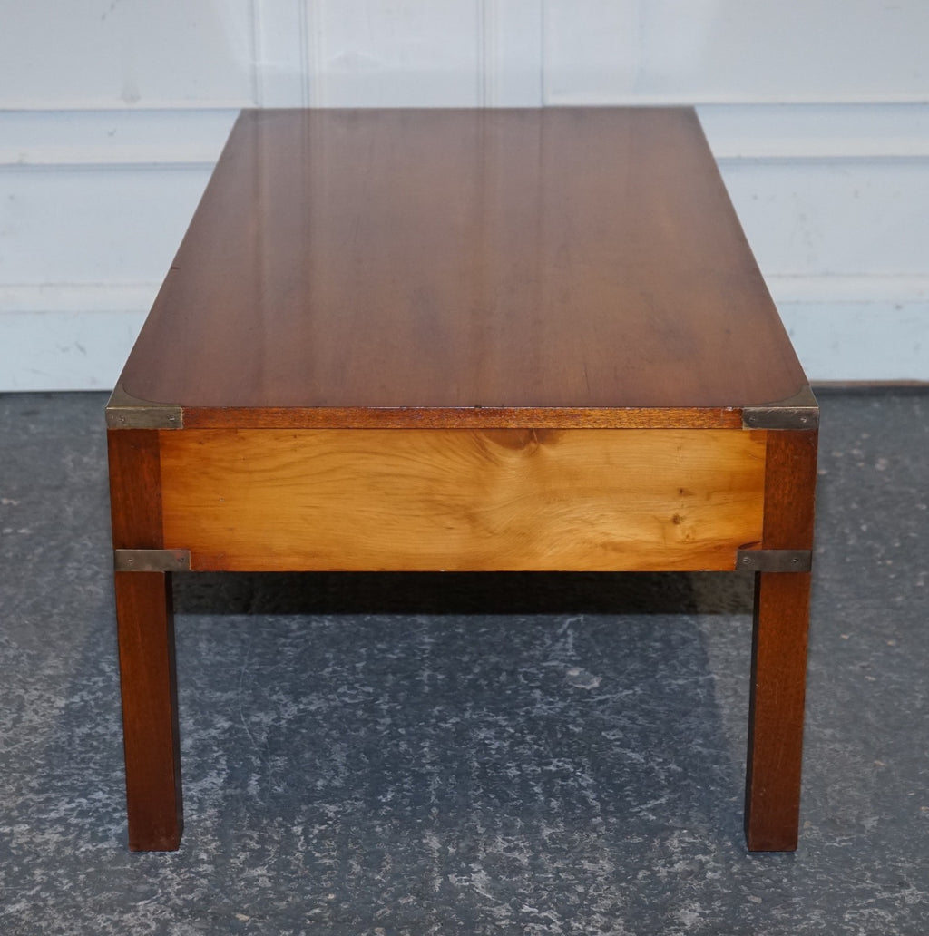 VINTAGE BURR YEW WOOD BRASS MILITARY CAMPAIGN 3 DRAWER COFFEE TABLE