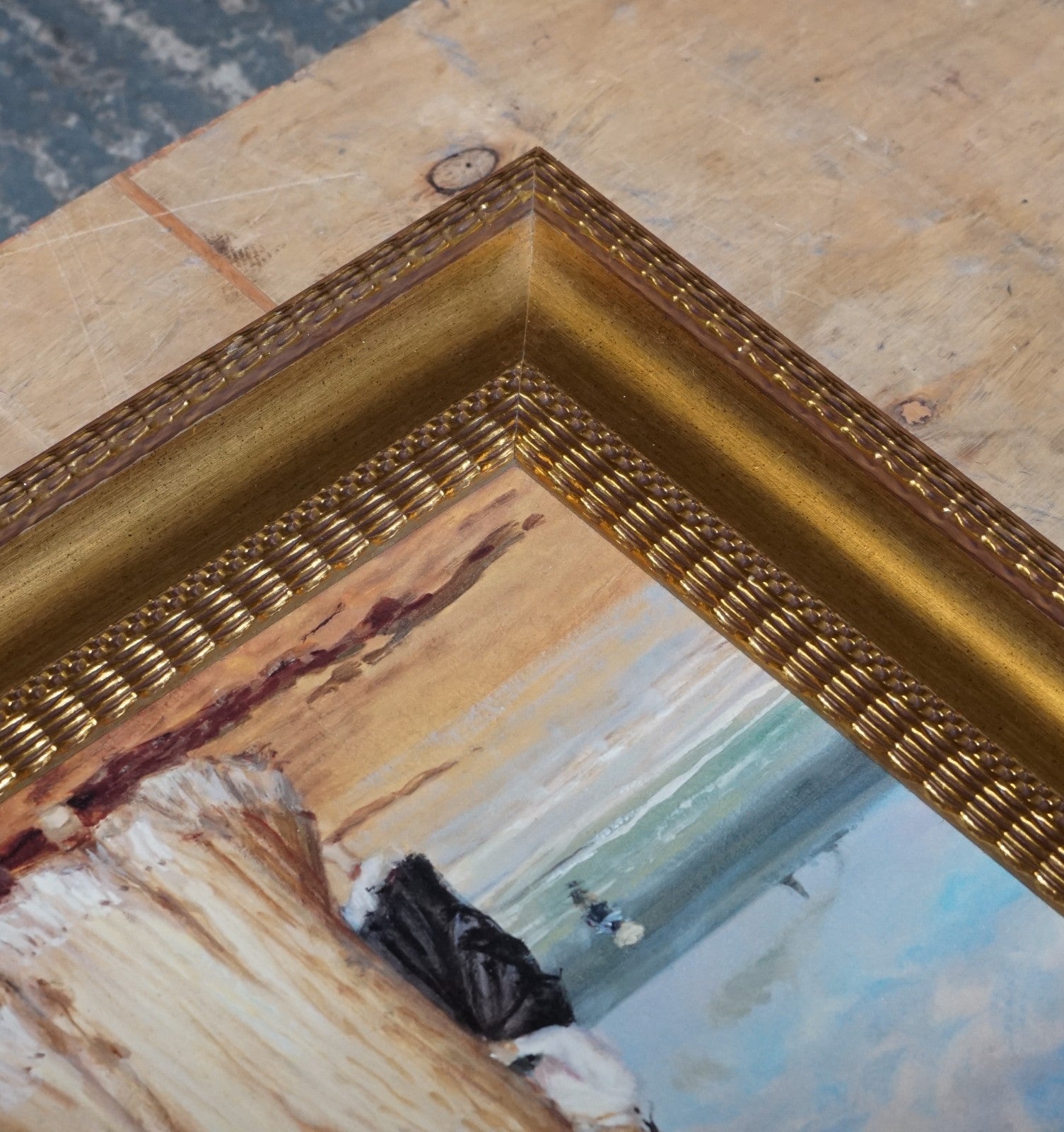 VINTAGE VICTORIAN STYLE PRINT IN GILTED FRAME ''CAREFREE DAYS'' BEACH 66 X 96 CM