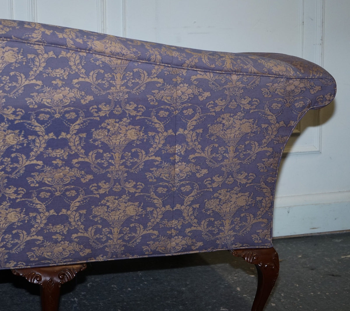 ANTIQUE ENGLISH COUNTRY HOUSE CHIPPENDALE CAMEL BACK FABRIC THREE SEATER SOFA