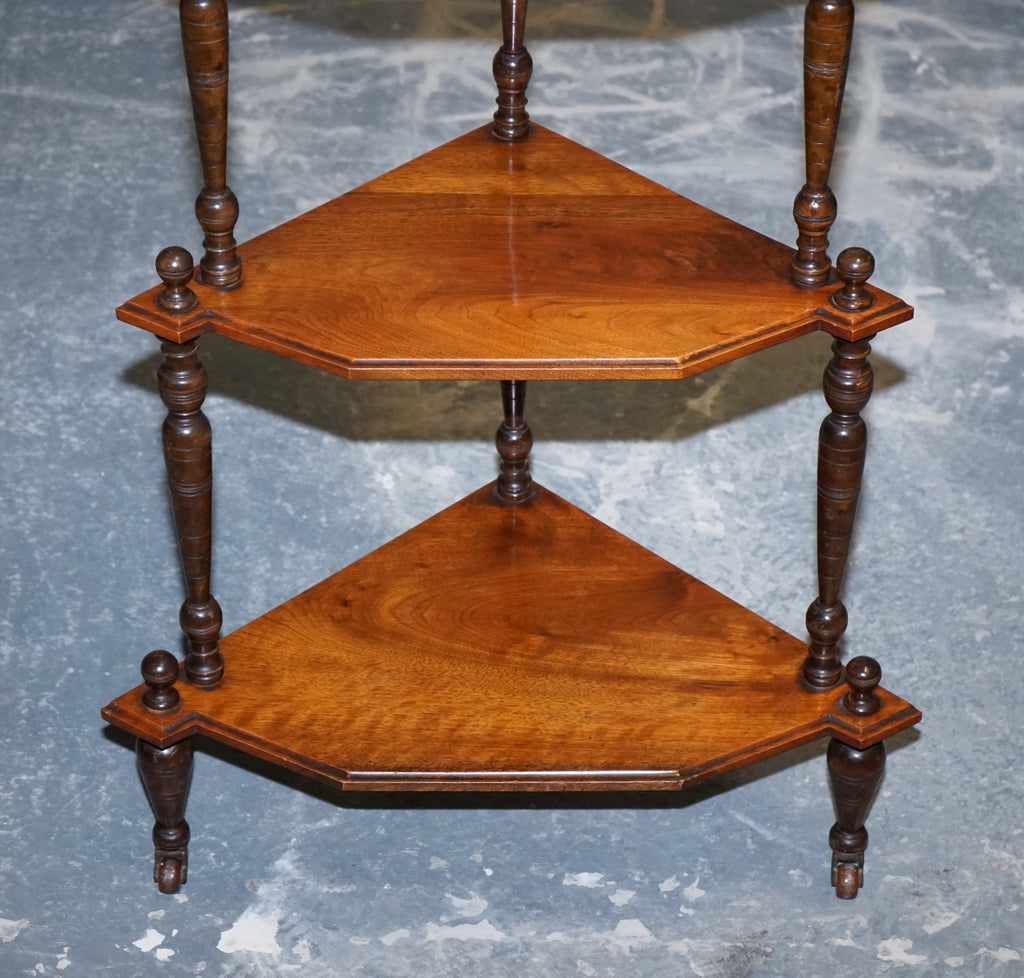 VICTORIAN ENGLISH INLAID BURR WALNUT CORNER WHATNOT STAND