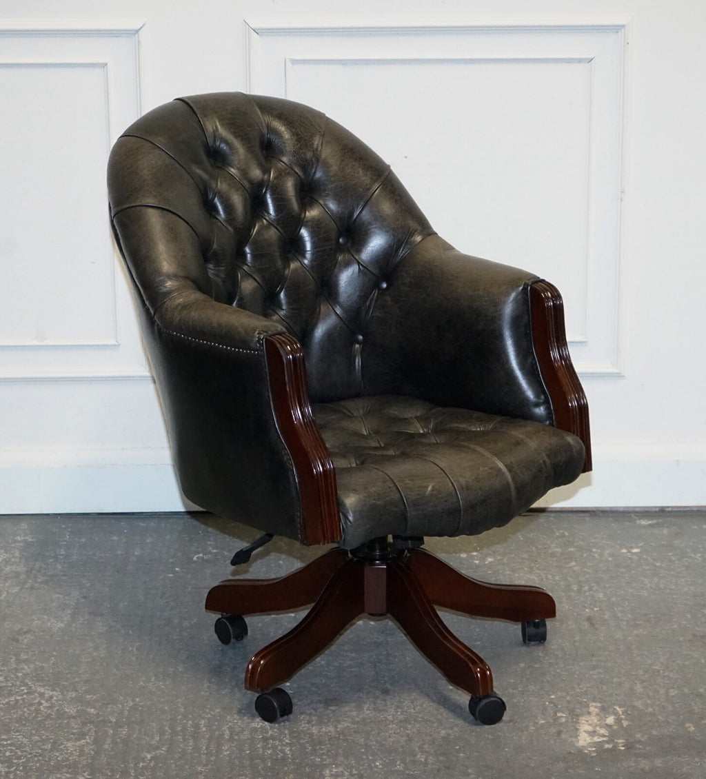VINTAGE CHESTERFIELD DARK AGED GREY LEATHER DIRECTORS SWIFEL CAPTAINS CHAIR