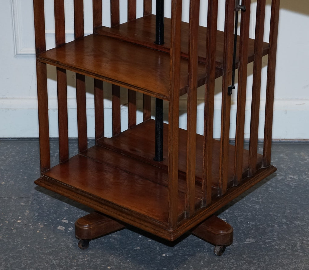 ANTIQUE SUBSTANTIAL OAK REVOLVING BOOKCASE WITH FOLDING READING STAND