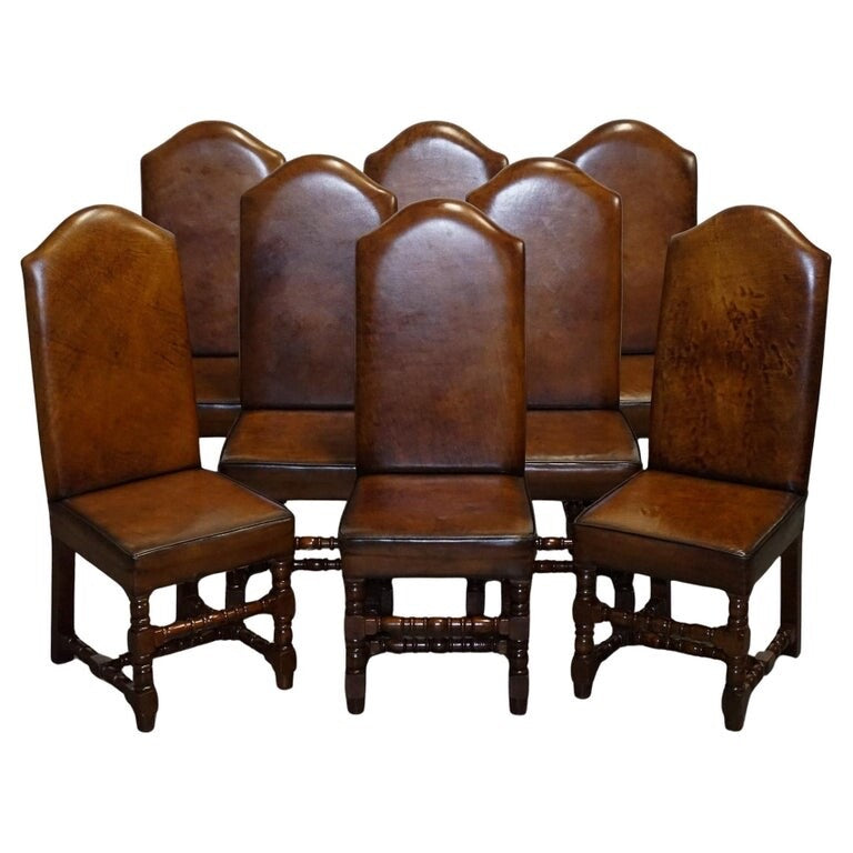 8 RESTORED CROMWELLIAN HAND DYED WHISKEY BROWN LEATHER DINING CHAIRS