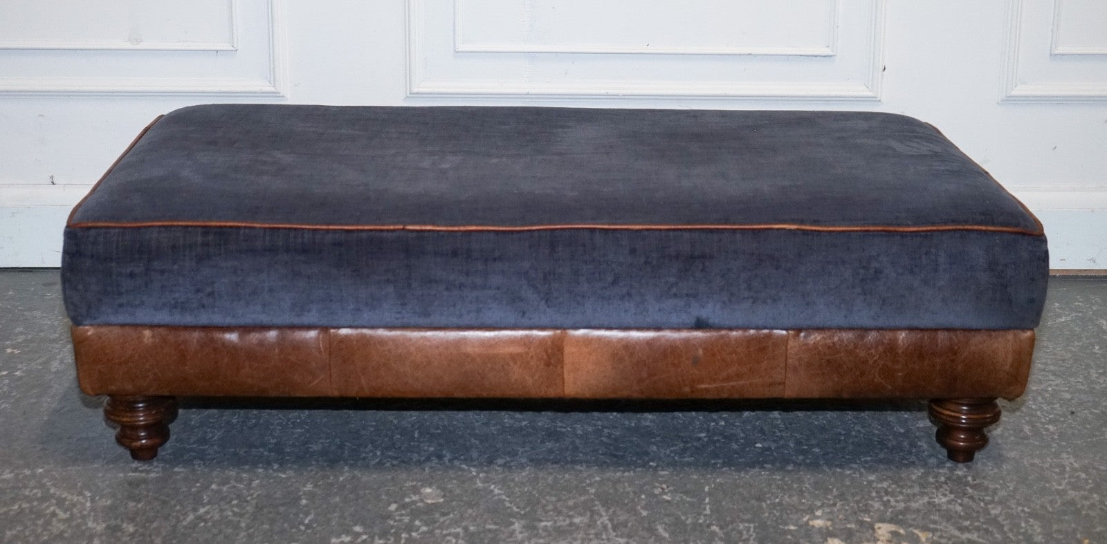 LARGE TETRAD CONSTABLE OTTOMAN RECTANGULAR FOOTSTOOL BLUE FABRIC & LEATHER BASE