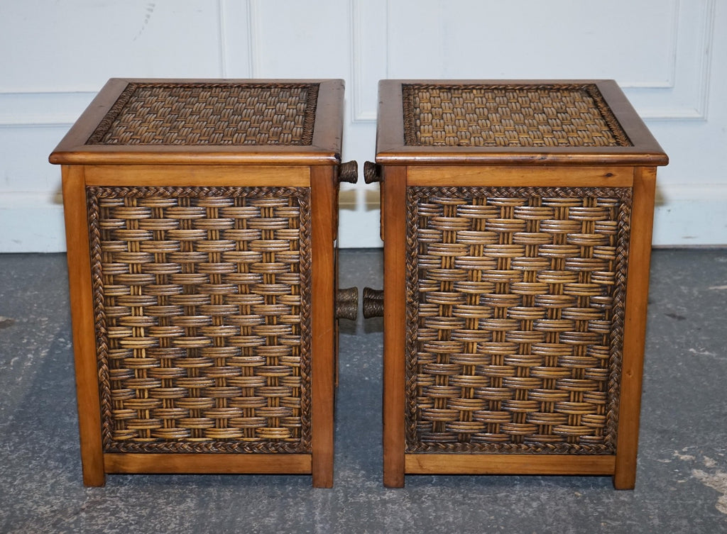VINTAGE PAIR OF WICKER OR RATTAN NIGHTSTANDS BEDSIDE TABLES CUPBOARD & DRAWER