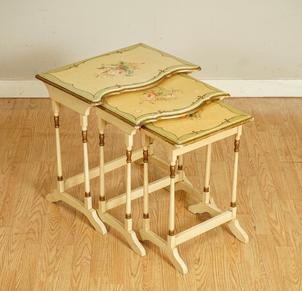 VINTAGE FRENCH HAND PAINTED FLORAL NEST OF TABLES